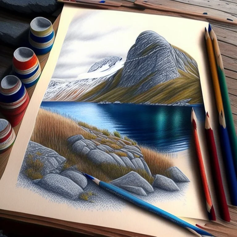 Colored pencil drawing. Norwegian lancscape. Realistic, professional.