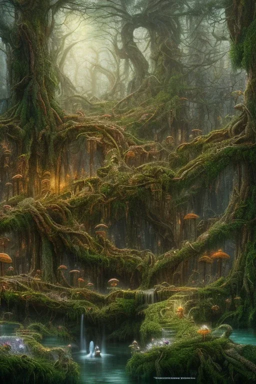 high-quality, fine-detail beautiful, breath-taking forest with gnarled trees, flowers, clear reflective lake, dragon sleeping, some mushrooms, tranquil, stunning, 8k resolution, intricate, digital art, detailed matte, volumetric lighting, George Grie, Anne Dittman, Anne Stokes, Lisa Parker, Selina French, Alphonse Mucha