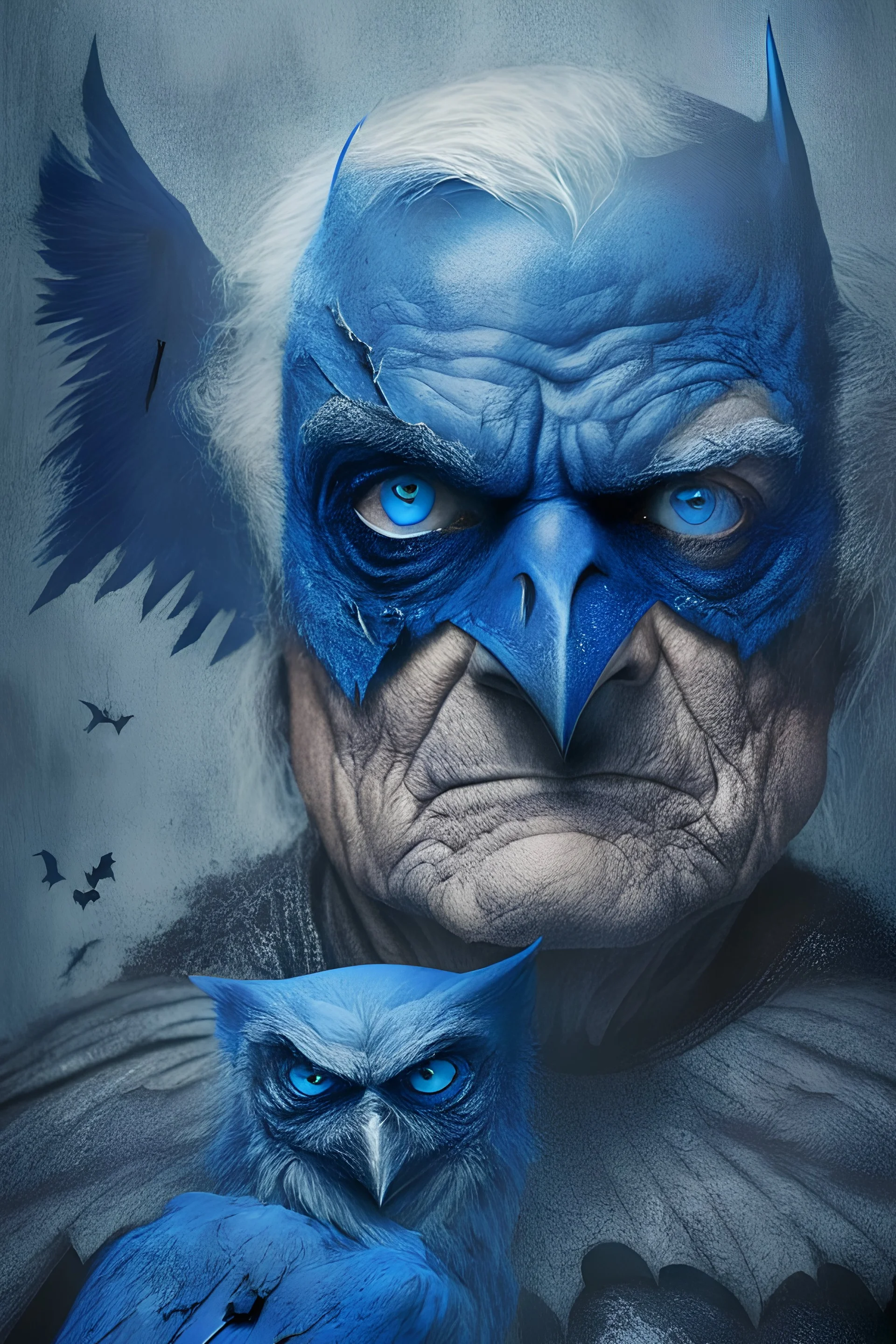 batman old face and with big blue eyes holding an eagle in his left hand