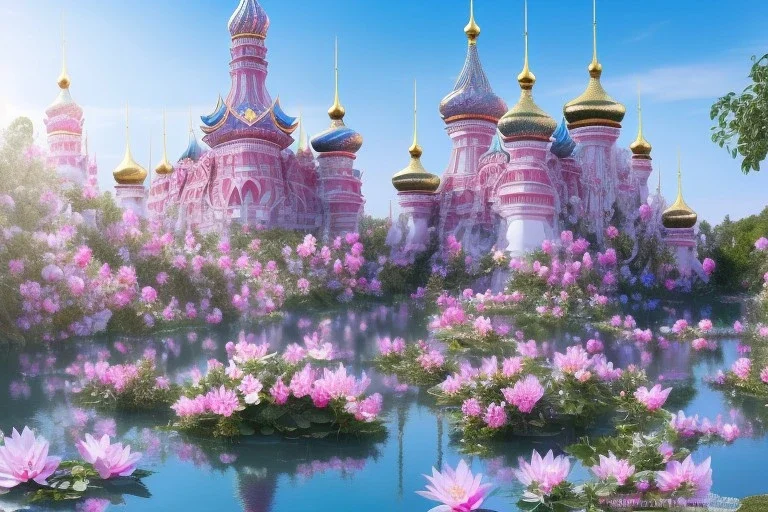 a magical crystal flower lotus magnolia lys bougainvillier, blue gold house russian palace castle in the woods, magnolias pink,blue lake,sun,white swanns,pink vertical, blue lake,sharp, vines, candlelit, endor, ornate, elegant, highly detailed, artstation, concept art, smooth, sharp focus, illustration, 8k, splash art, wallpaper, key visual