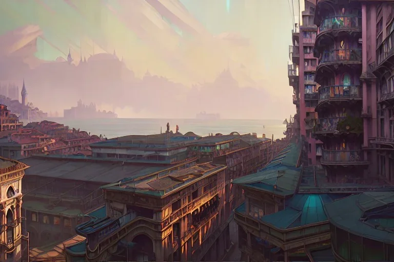 Elevated train+corner Venice building+Italian sea village +alphonse mucha, greg rutkowski,matte painting, cryengine, hyper detailed, felix kelly, fantasy art, seb mckinnon