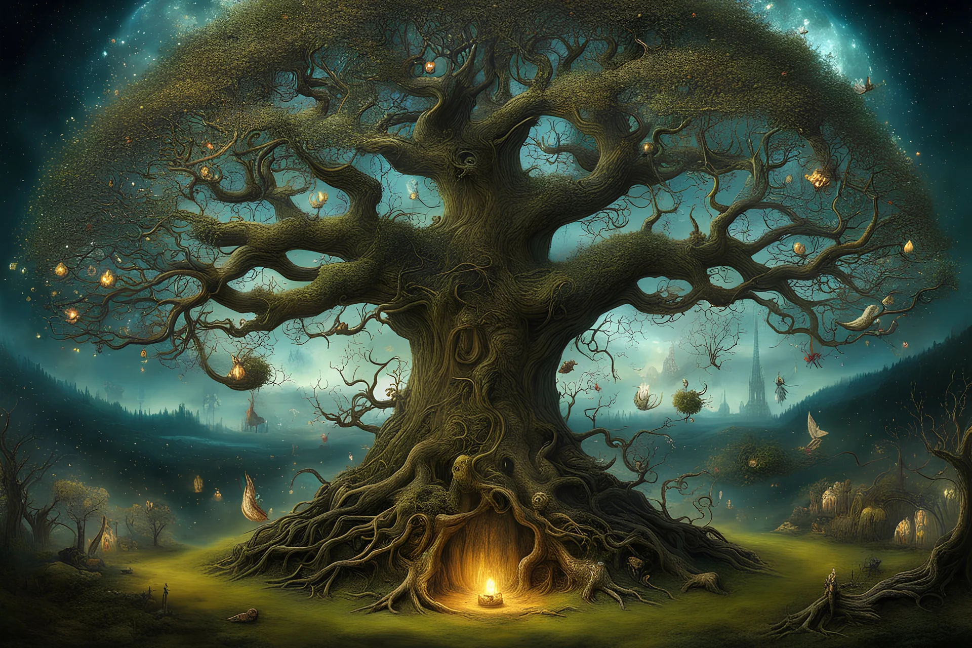 magical fantasy trees, very detailed, amazing quality, etheral, intricate, cinematic light, highly detailed, beautiful by Hieronymus Bosch, 3D , surreal, creepy stunning