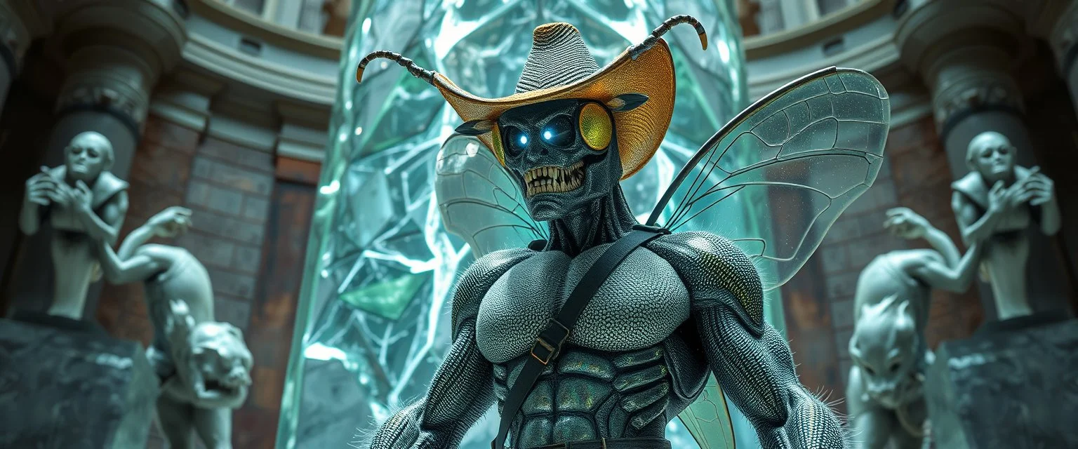 newth coy insect cyberpunk cowboy brilliant detailed full figure portrait disco glittery fluffy muscle man dino anime in the style of Escher and Giger in front of dented marble tower of transparent glass statues