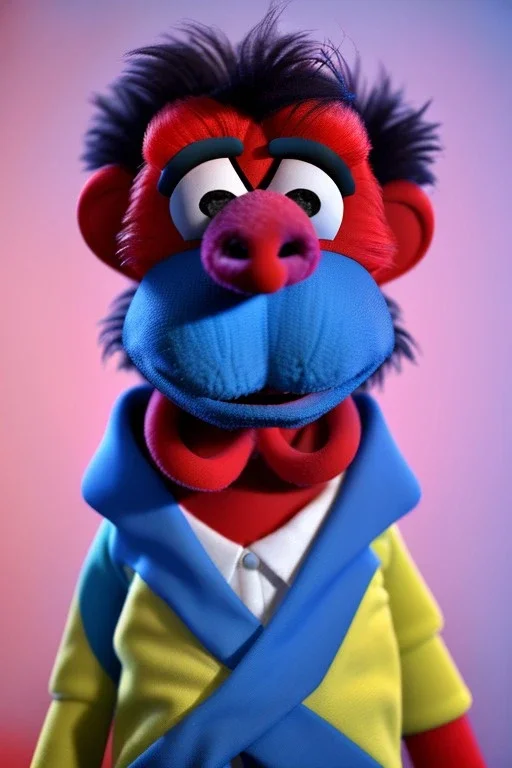 Waist up muppet Portrait, Nicolas maduro us muppet doll, Venezuelan president, tracksuit red blue and yellow, mustache, photo studio, red background, unreal engine 5, concept art, art station, ray tracing, lumen lighting, ultra detail, volumetric lighting, 3d.