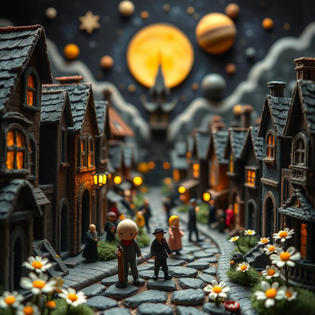 Detailed people, creepy street made of modeling clay and felt, village, stars, galaxy and planets, sun, volumetric light flowers, naïve, Tim Burton, strong texture, extreme detail, Yves Tanguy, decal, rich moody colors, sparkles, Harry Potter, bokeh, odd