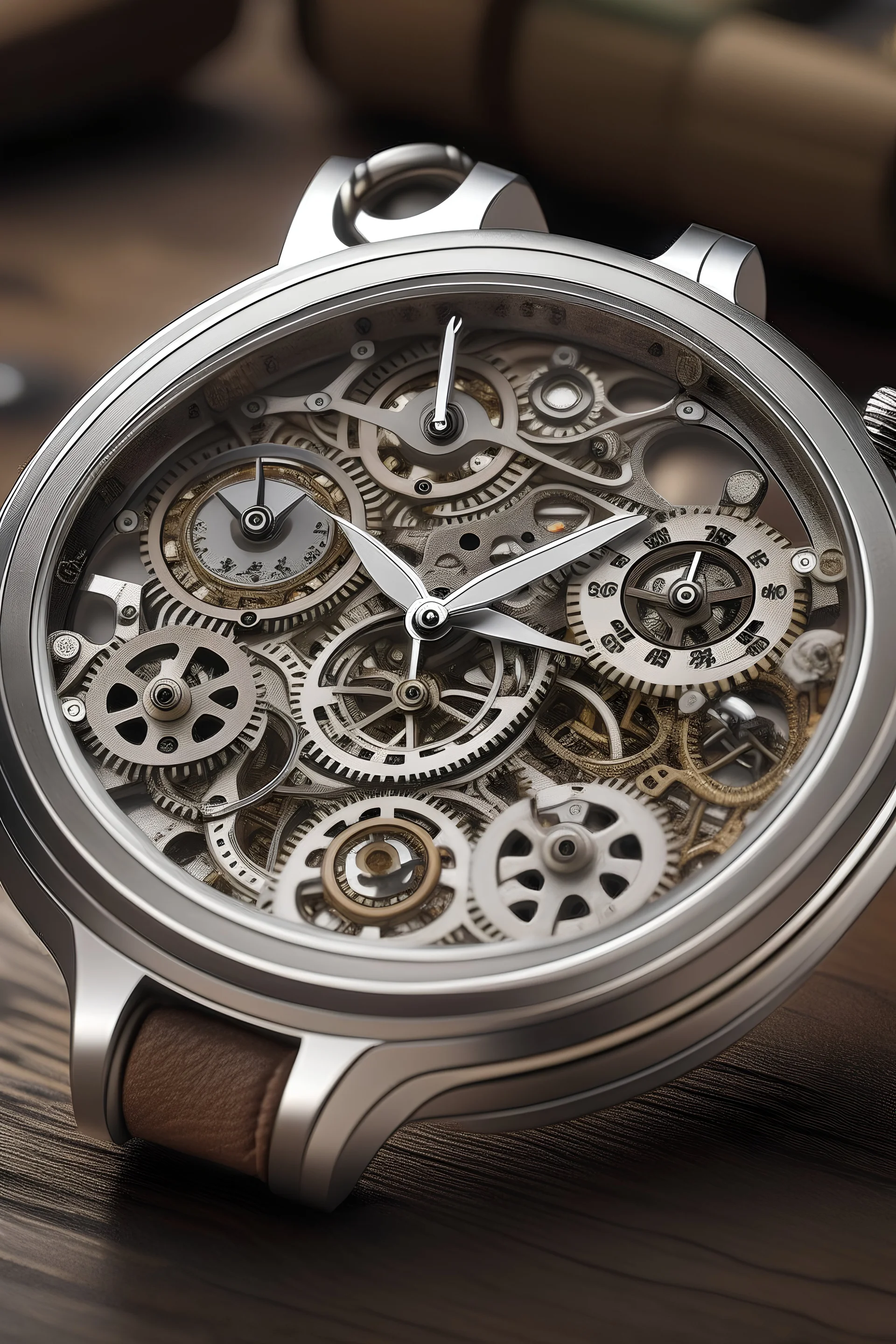 "Craft a visually striking image of a silver AP watch, featuring a unique integration of cogs on the watch face, representing the steadfast nature required during the mid-journey of life."