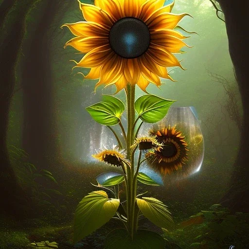  backlit dark sunflower,obsidian mirror, in winding magical forest with waterfall and a creature