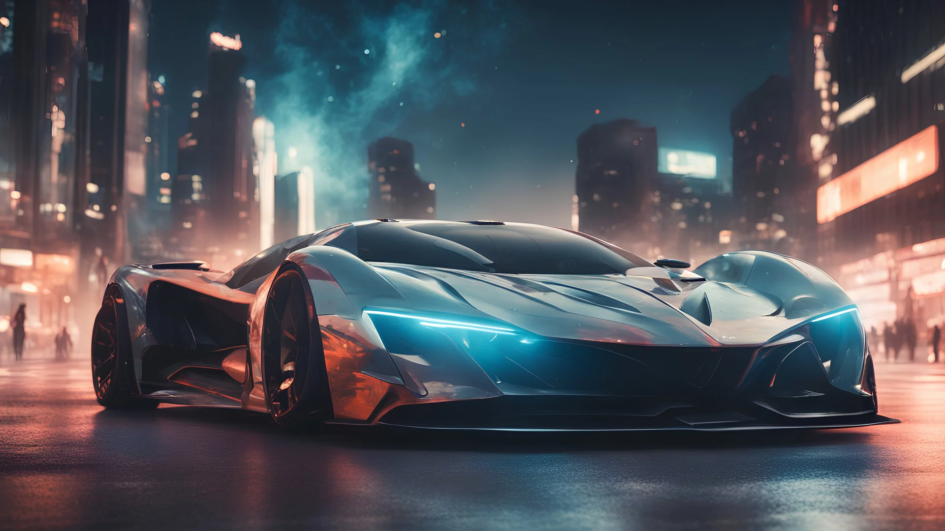 extreme concept future hypercar in a city at night. ultra realistic cinematic lighting, 8k, surreal photography, portrait. intricate details. the sky has a bright nebula.