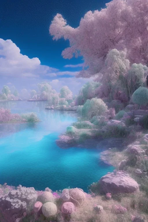 lac turquoise, petit rocher avec mousse, fleurs rose et blance, dome précis détaillé, etoile filante, cristaux, vray, cgi