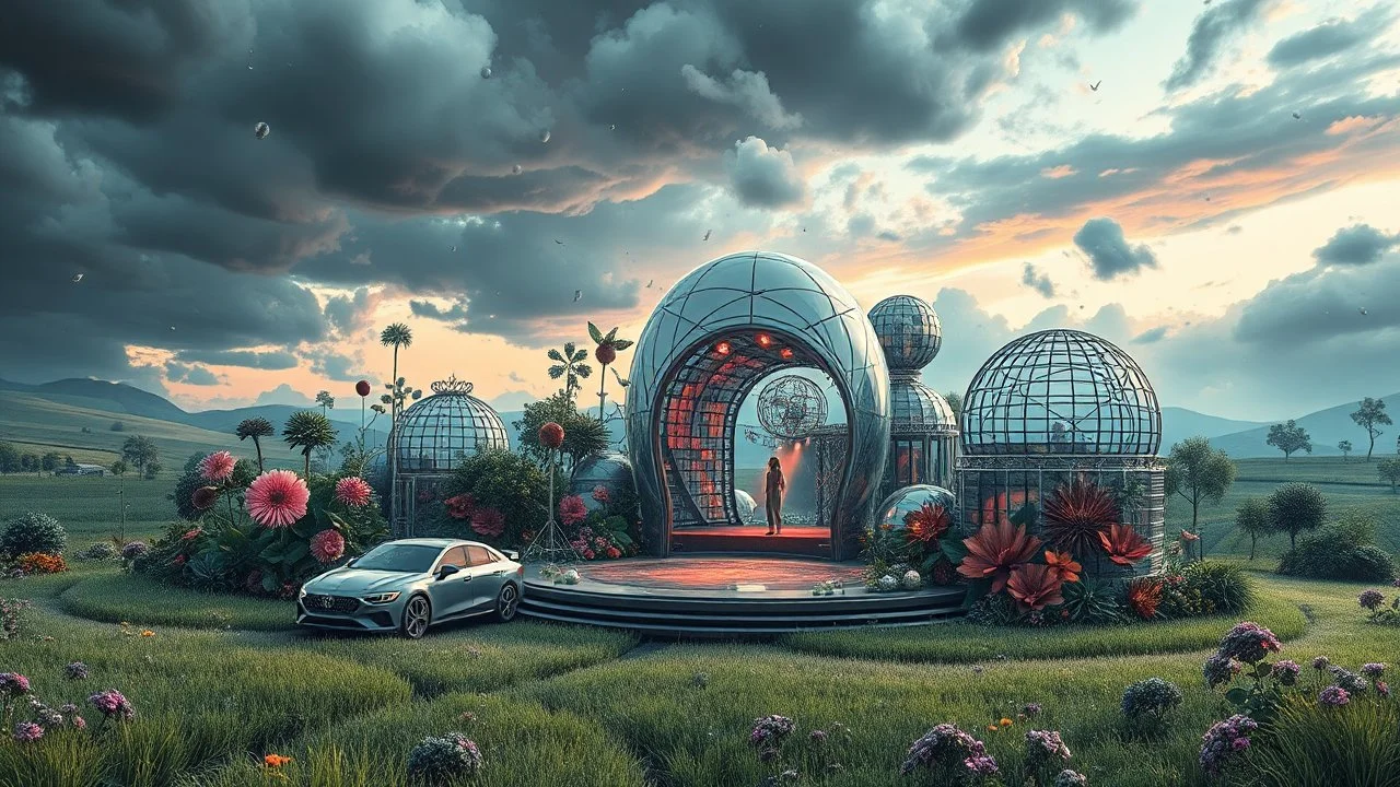 Dynamic cifi country side ,hypnotic of 3D structures Symmetry twisting and morphing between cifi plants , cifi flowers and metal geometric 3d structures buildings ,cifi cars, and an open cifi stage with a future lady singer in it,smooth translucent iridescent glass with inner glow and bubbles, varied transparent materials, stormy skies, intense dramatic