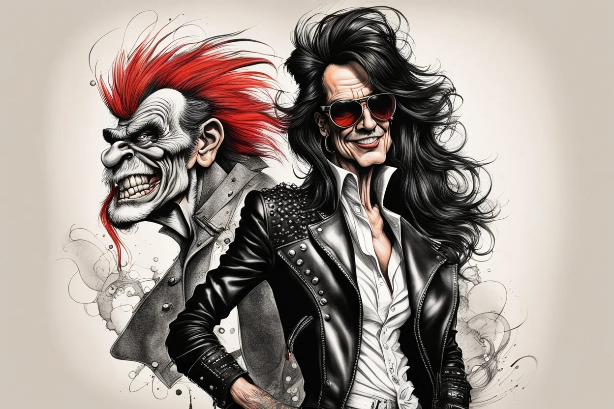 create a full body, seductive, female heavy metal singer with highly detailed and refined facial features, clothed studded leather, in the caricature cartoon style of Gerald Scarfe and Ralph Steadman, precisely drawn, boldly inked, vividly colored, 4k