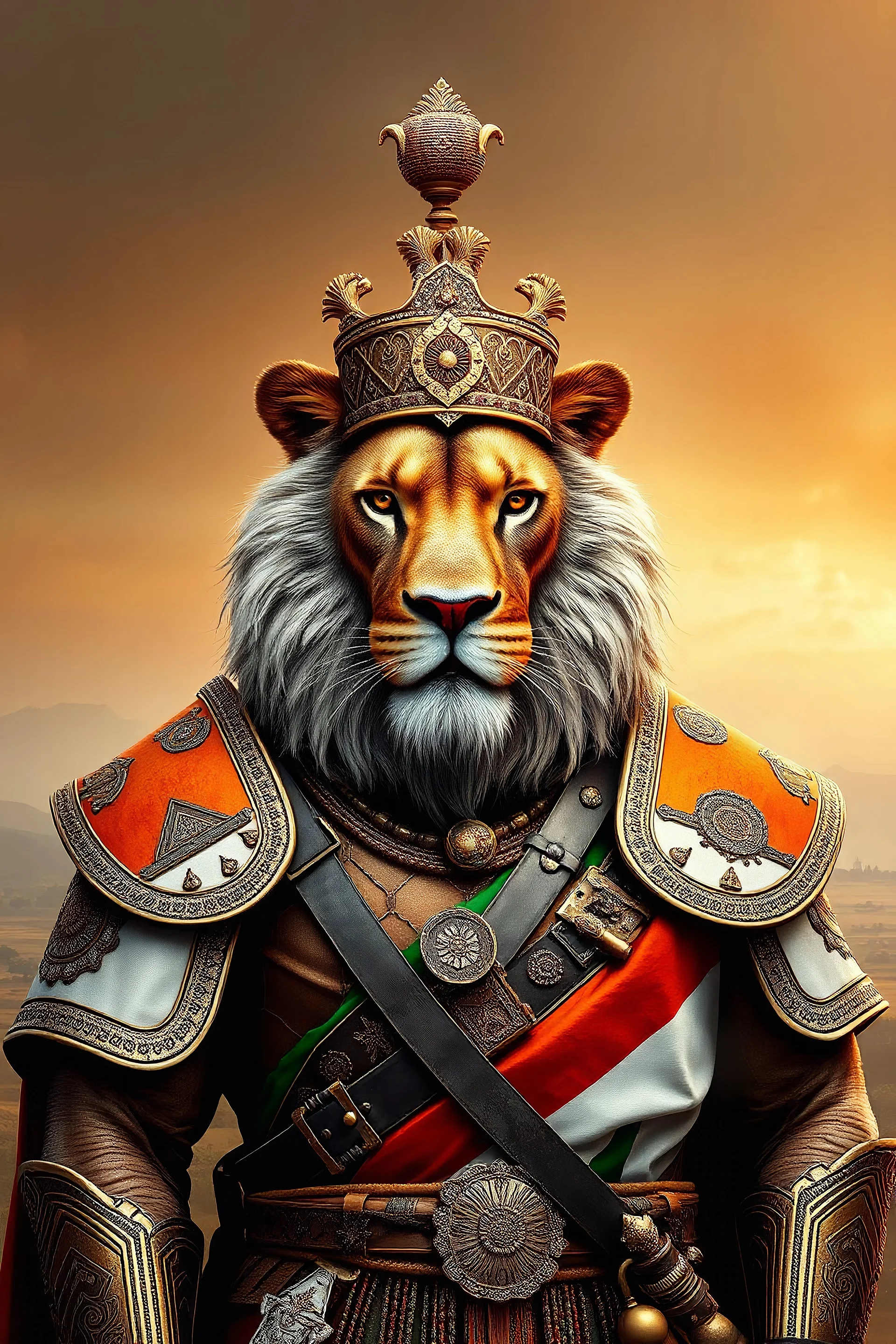 **An ultra-realistic depiction of an lion as a soldier representing india. The lion is detailed with realistic textures and colors, adorned in intricate armor inspired by traditional Indian culture. The armor showcases vibrant colors of the Indian flag orange white and green and features designs resembling traditional textiles. The crest includes significant symbols from the Indian flag. The background is a landscape representative of indian land with elements like the Twin To