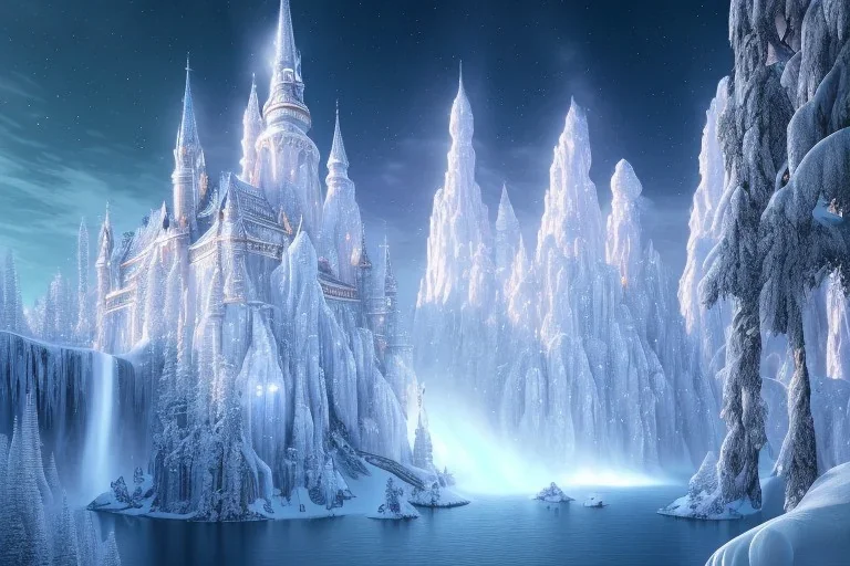  white and gold crystal castle，waterfall, winter snow flakessnow, northern Lights, full of details, smooth, bright sunshine，soft light atmosphere, light effect，vaporwave colorful, concept art, smooth, extremely sharp detail, finely tuned detail, ultra high definition, 8 k, unreal engine 5, ultra sharp focus