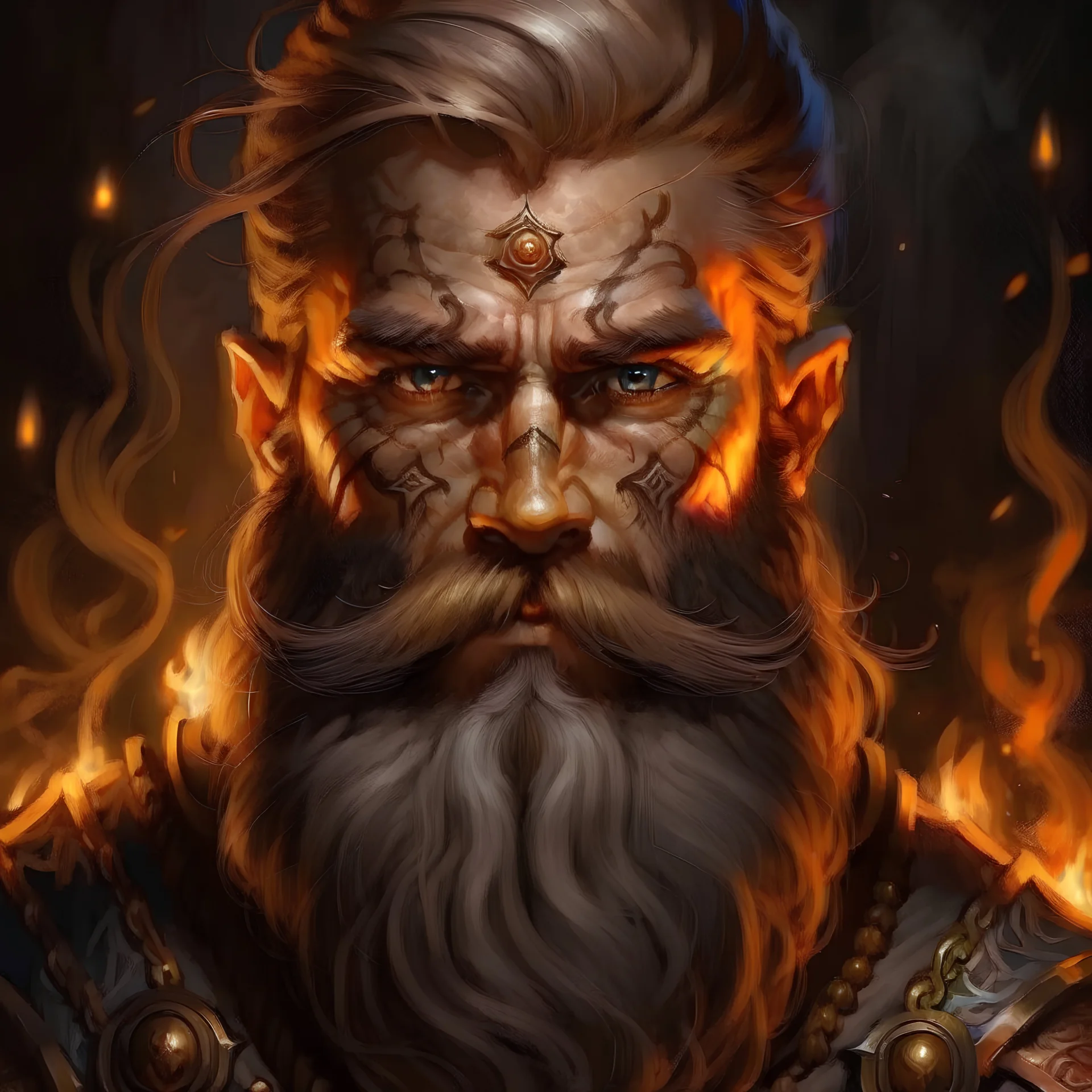 portrait illustration of a Viking god, beard and mustaches, looking menacing, fire eyes, majestic, masculine face, high detail digital painting