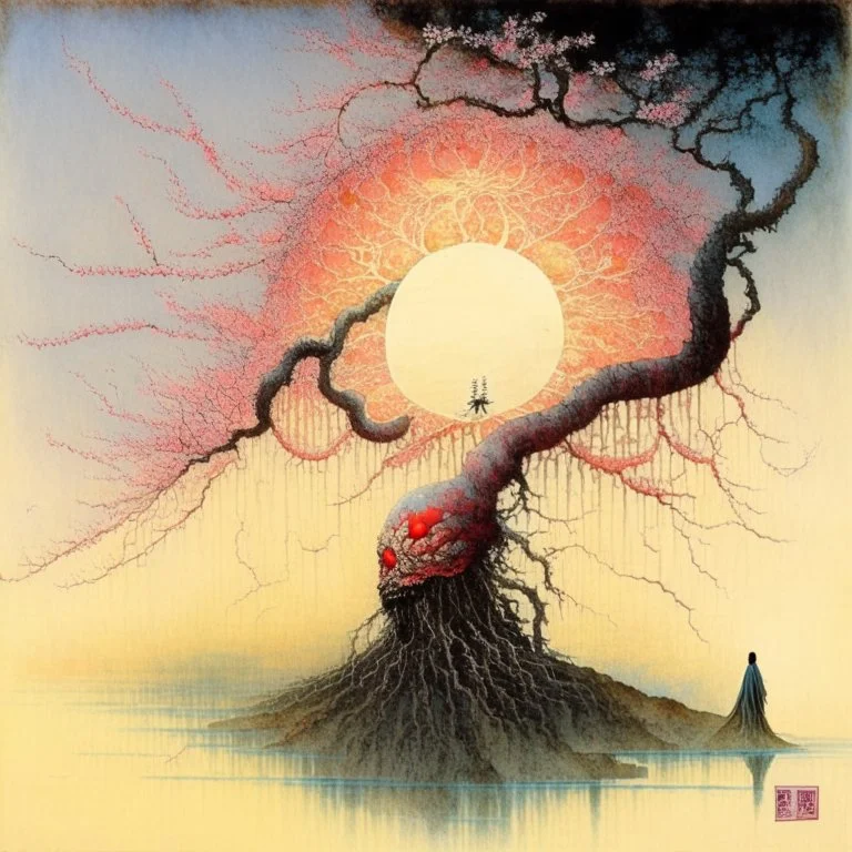 Chinese watercolor on silk painting, fantastical Lovecraftian shoggoth in a zen cherry blossom garden, by Pawel Kuczynski and Zdzislaw Beksinski, dynamic composition, large sun in background, natural lighting, complex contrast, vertical Chinese calligraphy, epic masterpiece