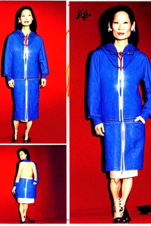 Lucy Liu in 1990's women street fashion with new kind of hood with tippet horizontal zipper reveals belly. Light dress with integrated bags of recycled denim straight, Pike fish print with huge vulgarism that continues downwards too! . Style: Haute couture. High sewing or high dressmaking, exclusive designer creations, Label Ensemble. Off-the-rack. Hemline. In vogue. Fashion-forward bohemian.