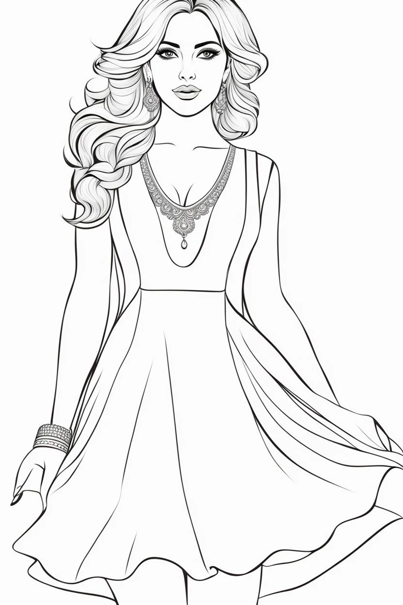 Coloring page for adults of a elegant fashion model woman wearing hindi dress, dynamic poses, full body portrait, thick and clean lines, clean details, no-color, no-turban, , non background, non color, non shading, no-grayscale, dynamic poses, full body portrait, thick and clean lines, clean details, no-color, no-turban, , non background, non color, non shading, no-grayscale