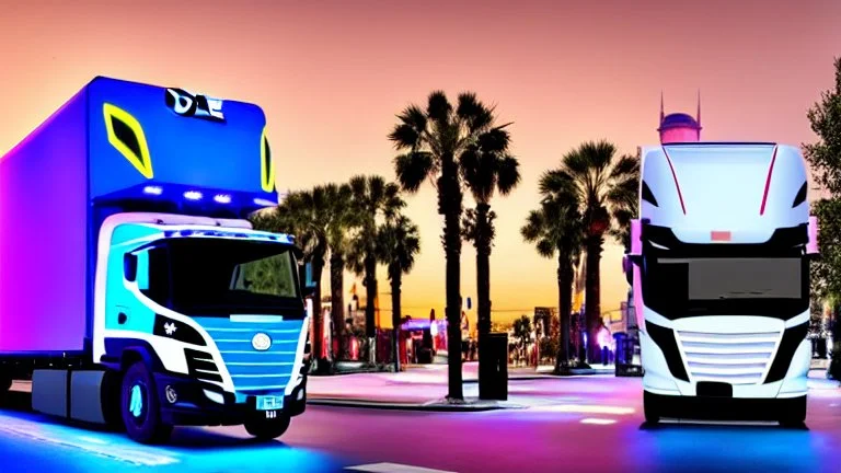 A police Tesla Cybertruck is chasing a Tesla 'Model S Plaid' at top speed, across the 'Universal Studios Orlando', in Florida. CINEMATIC. WIDE ANGLE LENS.