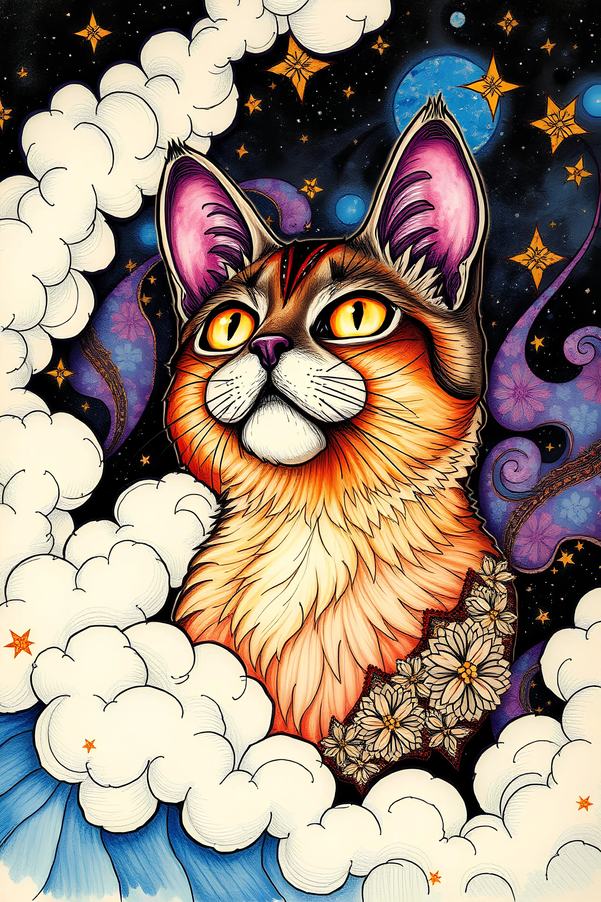 abstract masterpiece, cat looking stars, fusion of ink and sketch, clouds create intricate floreal arabesque, arabesqued stars, polygones, narrow strokes, vibrant colors, fractal effect, fabrics textures, intricate details, highly detailed, sharp focus,