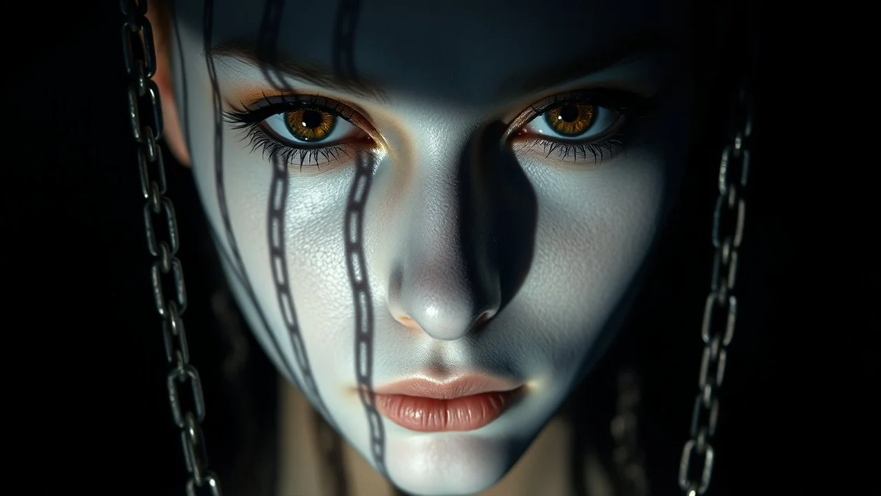 close up pale blue-white face with black shadow dark gold eyes, , void, hyper-realistic detail, floats in deep darkness, deep blue abyss, vertical shadows of five chains projected on her face, crepy stunning, surreal vibe with meticulous textures, dark shadow