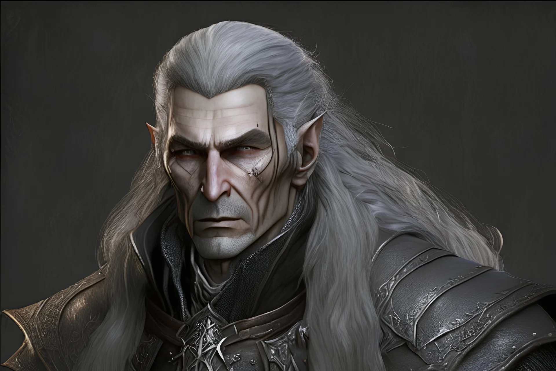 full length front facing ancient grizzled, gnarled elf mage, he has long, grey hair streaked with black, highly detailed facial features, and sharp cheekbones. His eyes are black. He wears weathered medieval leather clothes. he is lean and tall, with pale skin, full body with thigh high leather boots and has a dark malevolent aura within swirling maelstrom of ethereal chaos in the comic book style of Bill Sienkiewicz and Jean Giraud Moebius in ink wash and watercolor, realistic dramatic natural