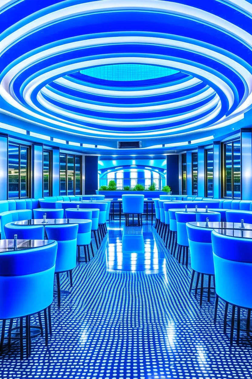 A restaurant with the outer shape of the walls in blue and a white floor and it contains one table in the middle of the restaurant in the form of a bar and the shape of the walls is oval containing 30 chairs and the walls are made of glass