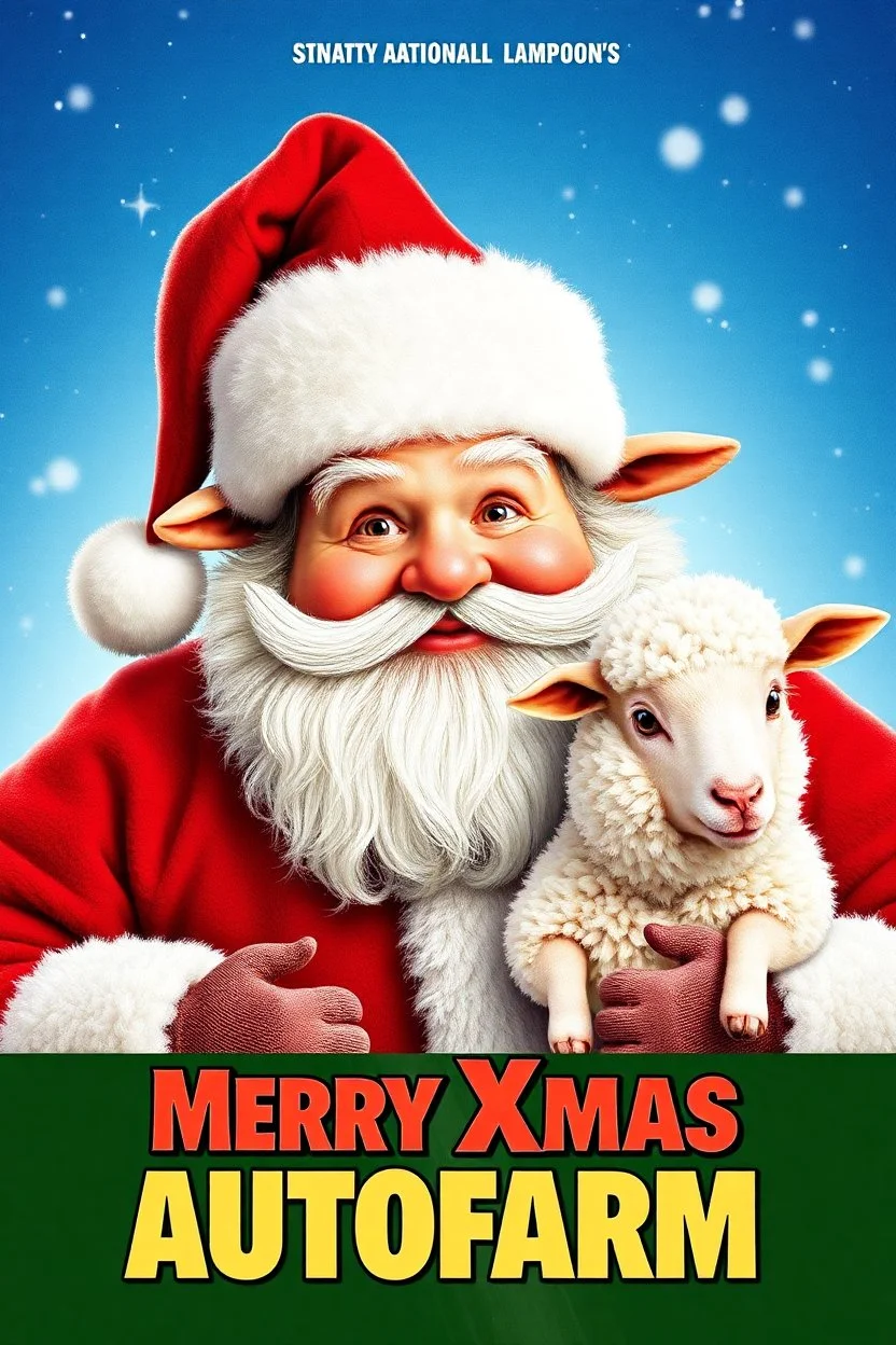 Create a 1990s-style movie poster featuring a jolly, portly Santa Claus merged with a fluffy, endearing sheep. The poster should capture the festive and comedic spirit of 'National Lampoon's Christmas Vacation.' Include the title 'Merry Xmas Autofarm' prominently, with a nostalgic and humorous holiday vibe. Use bright, cheerful colors and playful elements to make the poster stand out.