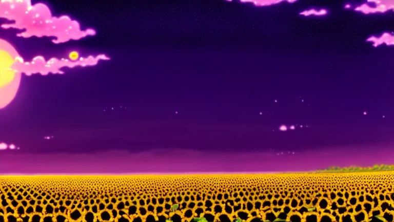 purple sky full of stars, sunflower field, anime, high res, makoto shinkai