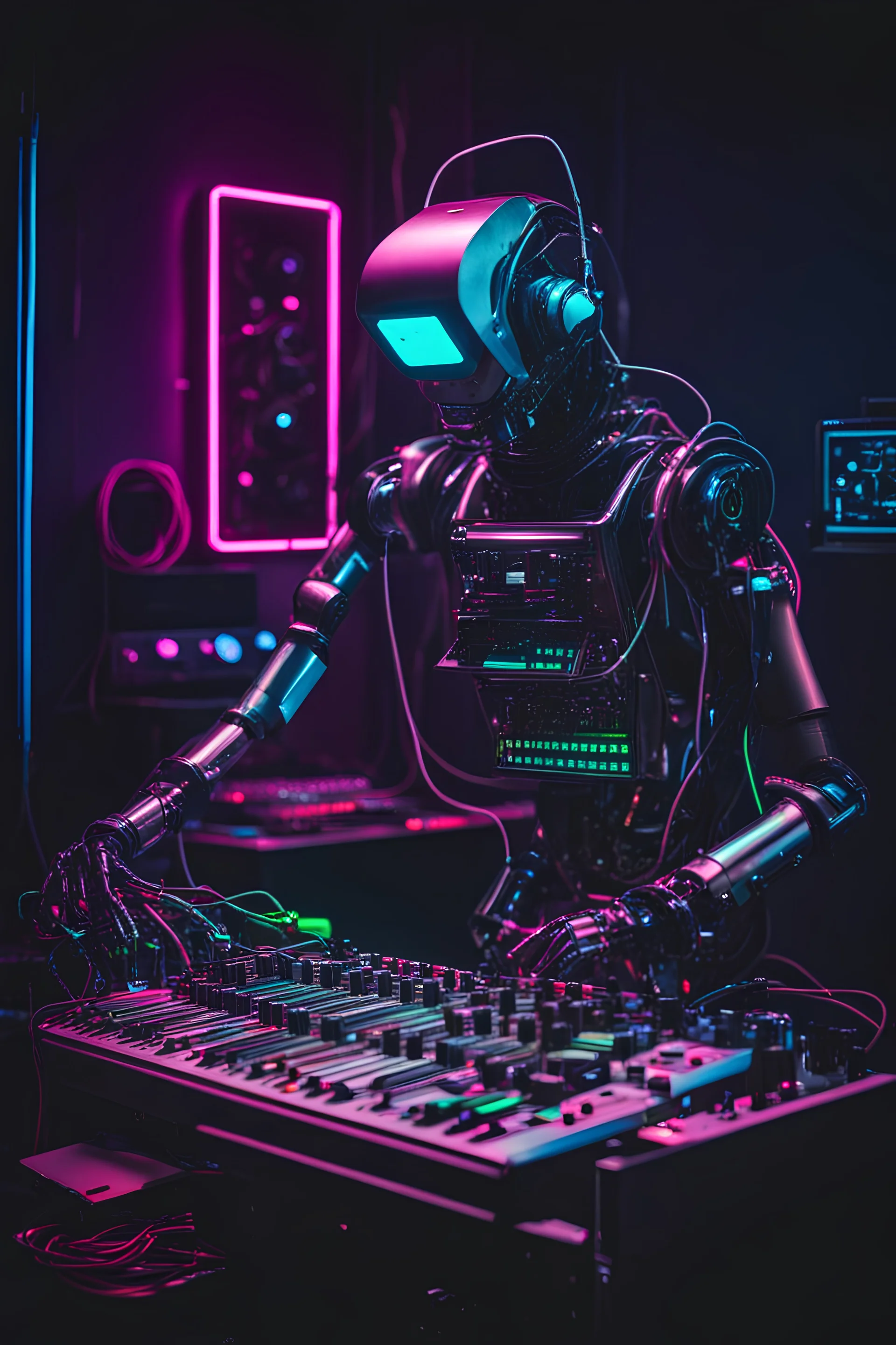 robot playing modular synthesizer in a dark neon room