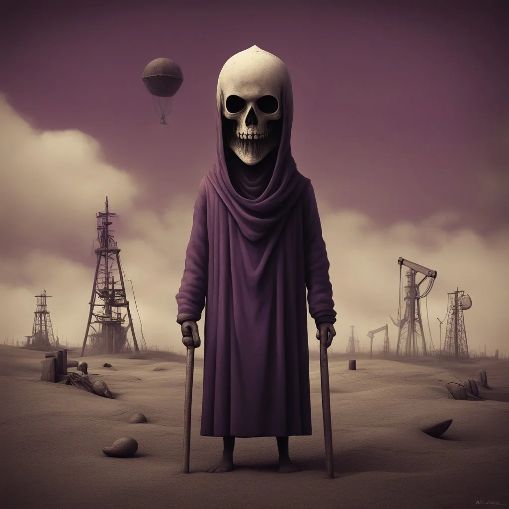 A reaper on the oilfields make for your shallow grave, wrap you in a flag and forget your name, by Anton Semenov, by Yves Tanguy, by Victor Pasmore, Westerngaze surreal album cover illustration, scary sepia and purple complimentary shades, octane render, gritty, weird, volumetric lighting, abstractions