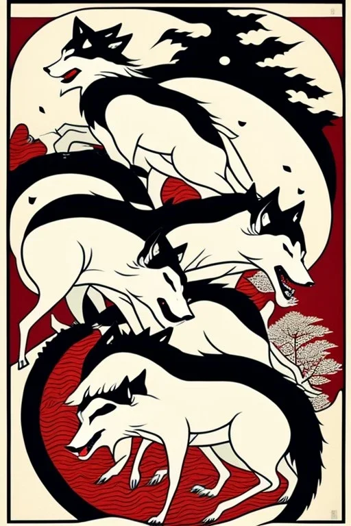  a group of wolves that are on top of each other, a poster by Nōami, ukiyo-e, anime aesthetic, minimalist.