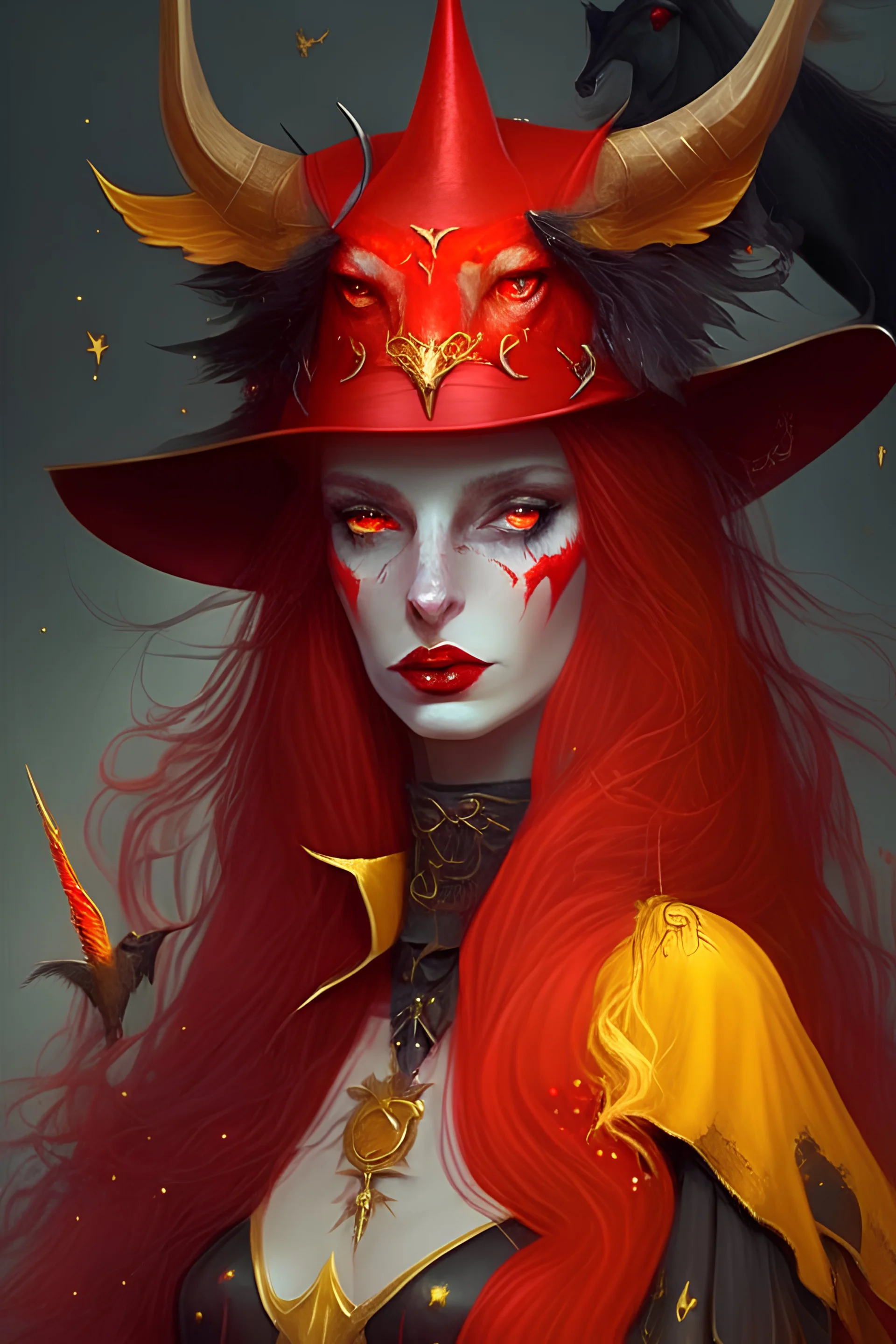 Beautiful red witch with yellow eyes and body and bowers and have great uniform and unicorns