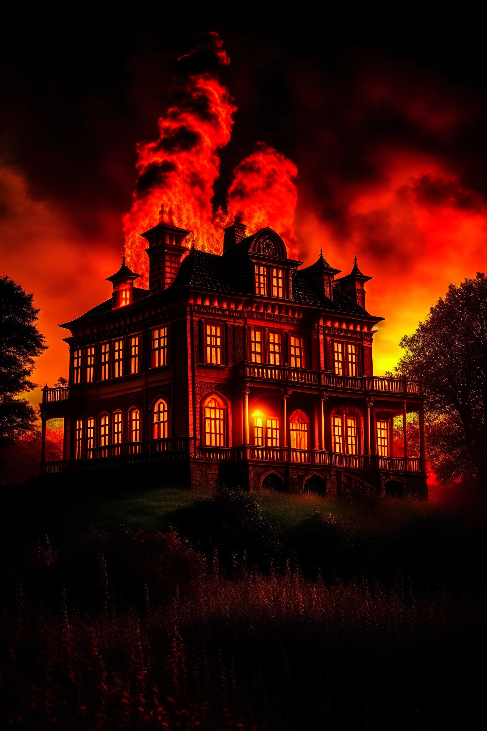 a haunted mansion is engulfed in flames in the middle of the night. the mansion burns with an unnatural brightness. the mansion sits atop a craggy hill.