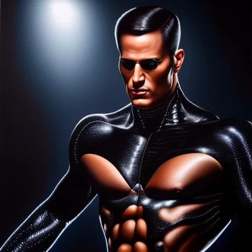 Ultra detailed fullbody Portrait in oil on canvas of Cyber Erron Black,extremely detailed digital painting,ultrarealistic skin,intense stare, extremely detailed face, crystal clear eyes, mystical colors ,perfectly centered image, perfect composition, rim light, beautiful lighting,masterpiece ,8k, stunning scene, raytracing, anatomically correct, in the style of Simon Bisley and uncannyknack and Ohrai Noriyoshi and robert e howard and Steve Jung.