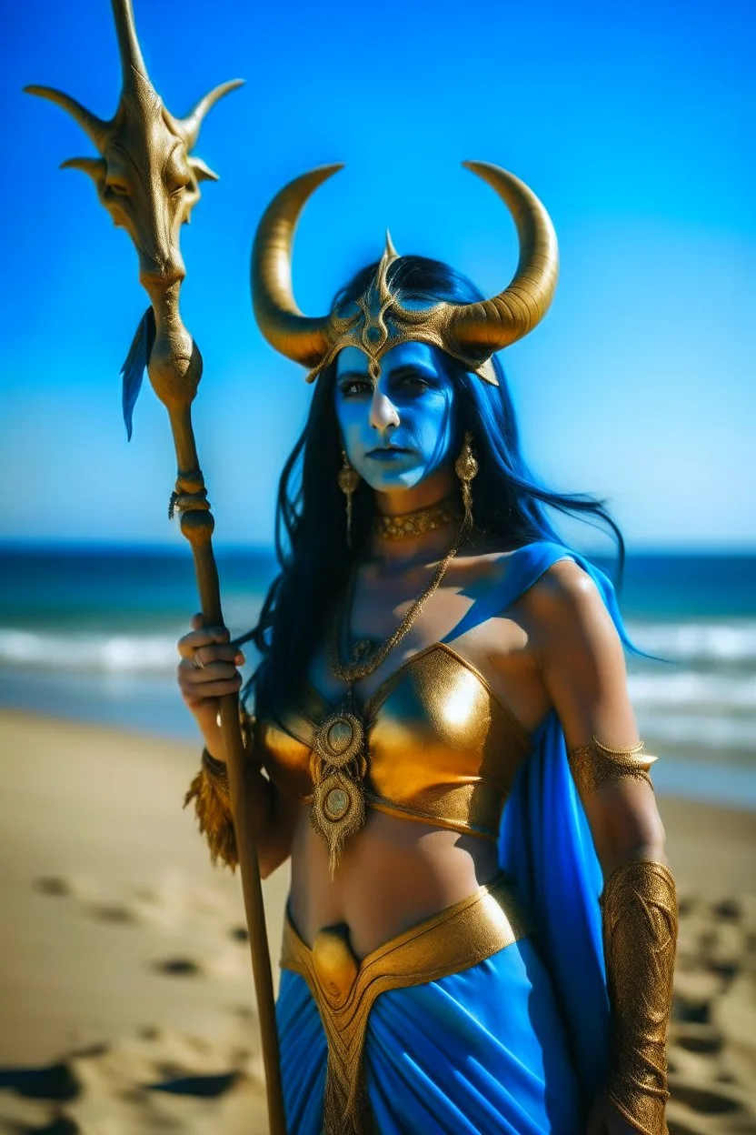 A picture of a blue faced Indian goddess with skin painted blue, wild black hair, stag horn antlers, elven ears, golden skirt, holding a staff on a sunny beach