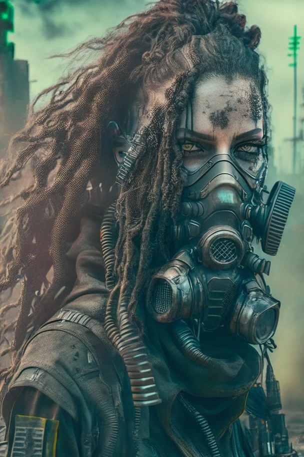 front facing full length grunge armored female, dreadlock hair cyberpunk vampire mercenary with gas mask, telecommunications unit, highly detailed with gritty post apocalyptic textures, toxic irradiated landscape, finely detailed facial features, photorealistic 8k render