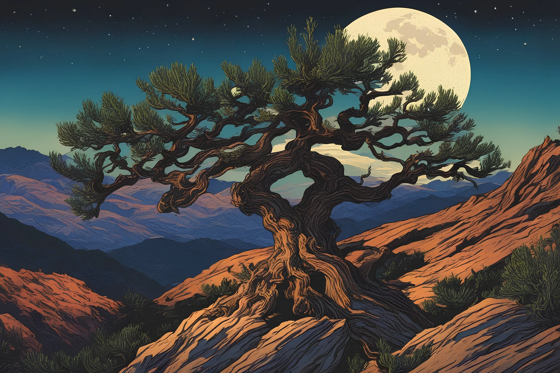 museum quality color woodcut of an ancient Bristlecone Pine , atop a rocky plateau ,high in the mountains under moonlight, in the style of Gustave Baumann, with a fine art aesthetic, highly detailed, finely cut ,8k render