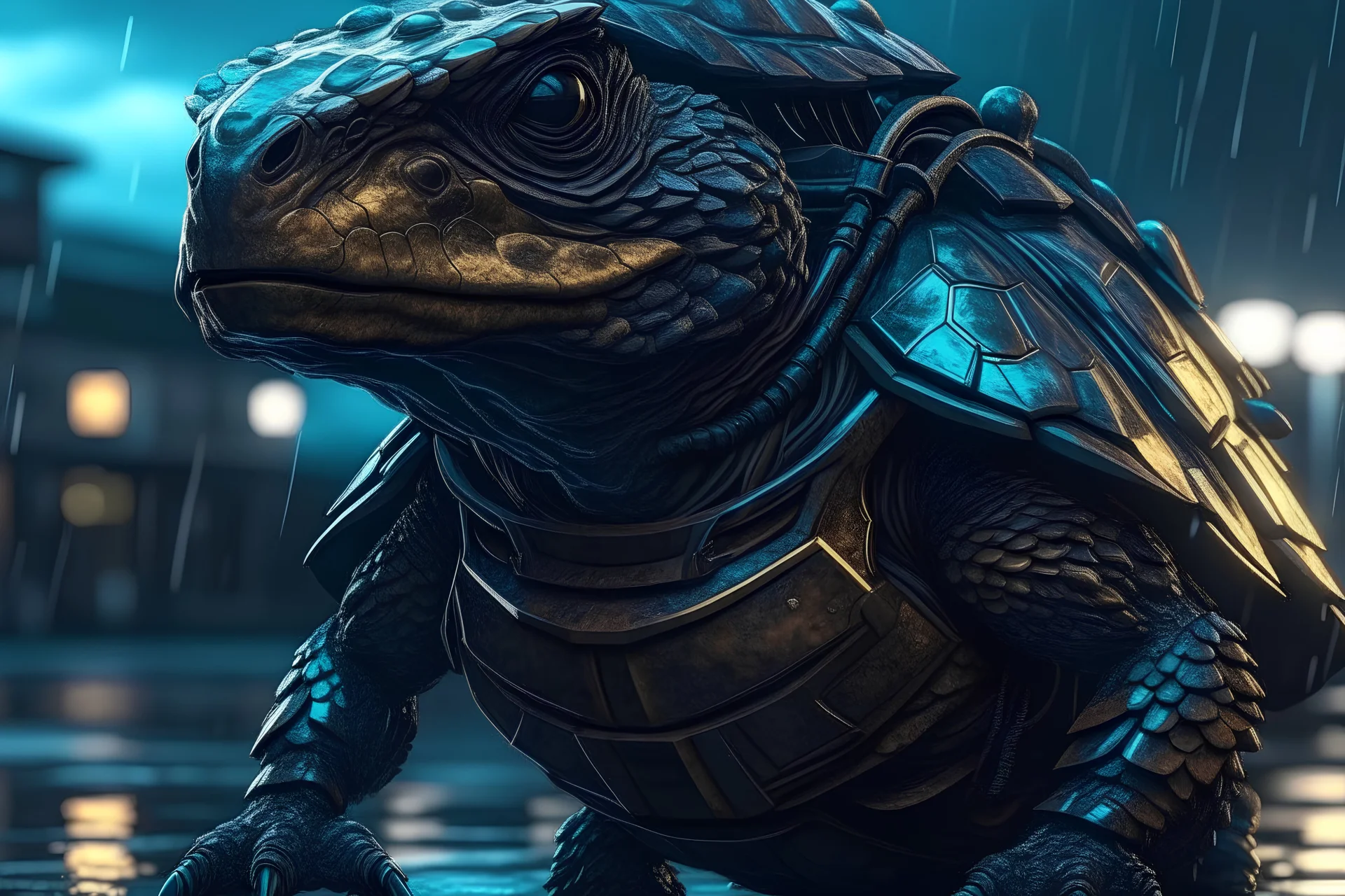 turtle monster in 8k solo leveling shadow artstyle, machine them, close picture, rain, intricate details, highly detailed, high details, detailed portrait, masterpiece,ultra detailed, ultra quality