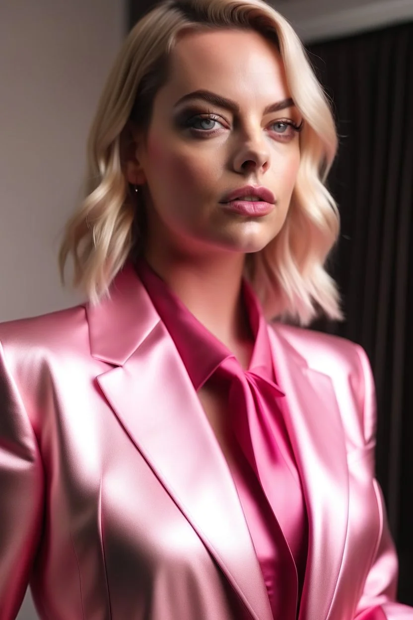 fat margot robbie in pink satin suit