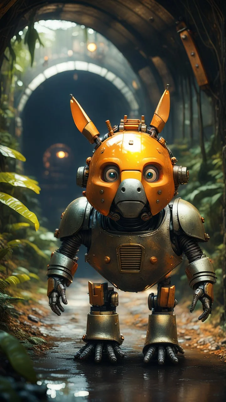 magazine cover, metallic yellow orange donkey turtle robot chivalry knight with friendly cute face and hair locks in dark lit reflective wet jungle metallic hall dome hotel tunnel, in the style of fallout 4 game,bokeh like f/0.8, tilt-shift lens 8k, high detail, smooth render, down-light, unreal engine, prize winning