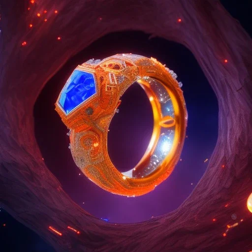 Ring made by wood roots and shreds of glass, orange diamonds sparkles, red rubi fragments around, blue lights reflexes, complex structure, gold details, intricate ring pattern,Unreal Engine 5, lens macro,sharp focus, realistic, hyper detailed, studio lighting, neon light ambient,