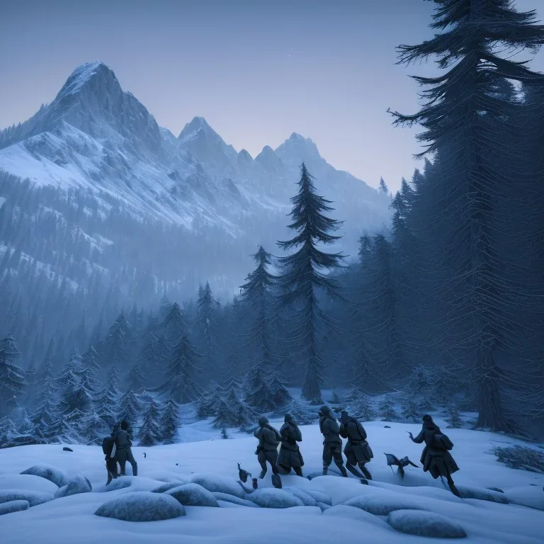 Five people hunting in a snowy forest, sense of fear, mountain hut in the background, Alps, night, 8k, HD, cinematography, photorealistic, Cinematic, Color Grading, Ultra-Wide Angle, Depth of Field, hyper-detailed, beautifully color-coded, insane details, intricate details, beautifully color graded, Cinematic, Color Grading, Editorial Photography, Depth of Field, DOF, Tilt Blur, White Balance, 32k, Super-Resolution, Megapixel, ProPhoto RGB, VR, Halfrear Lighting, Backlight, Natural Lighting