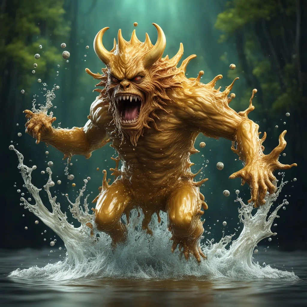 3d The scariest demon monsterclay style, water splashing of monster out from bottle liquid effect, very happy, gold colours, dominating the wave, fully magical forest in the middle, splashes around