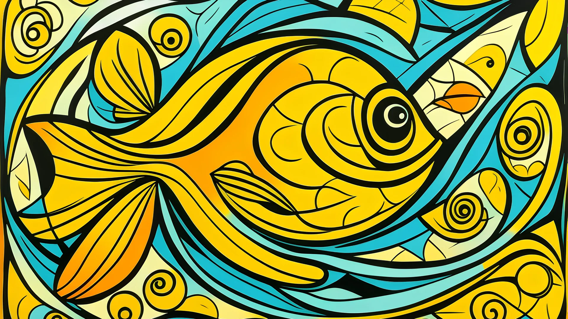 linocut, drawing abstract art, style inspired by karla gerard, gold fish, a pattern similar to a stained glass window