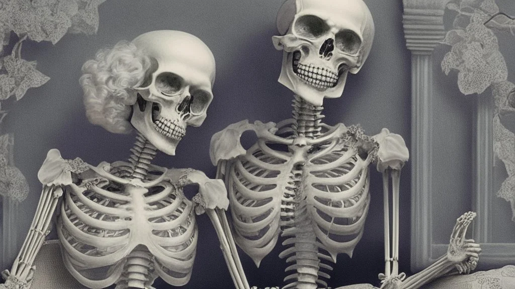 Skeleton Couple Posing Suggestively In Vintage 1940s Hollywood Grandeur