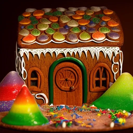 an intricate hobbit-style gingerbread house with rainbow sprinkles, frosting, candy, 8k resolution, centered, high-quality, ultrafine-detail, digital art, flickering light, detailed matte, volumetric lighting, illustration, 3D octane render, brian froud, howard lyon, ben goossens, George Grie, greg rutowski, alphonse mucha