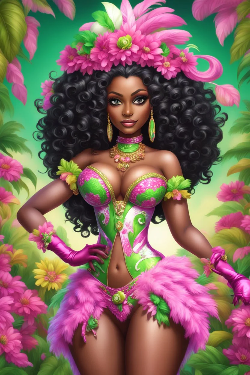 Create a digital airbrush cartoon of a curvy African American female wearing Brazilian carnaval outfit outfit that's pink, green and white. Prominent make up with hazel eyes. Highly detailed very long extremely curly black hair. Her skin is smooth and silky. Background of a judge full of colorful flowers