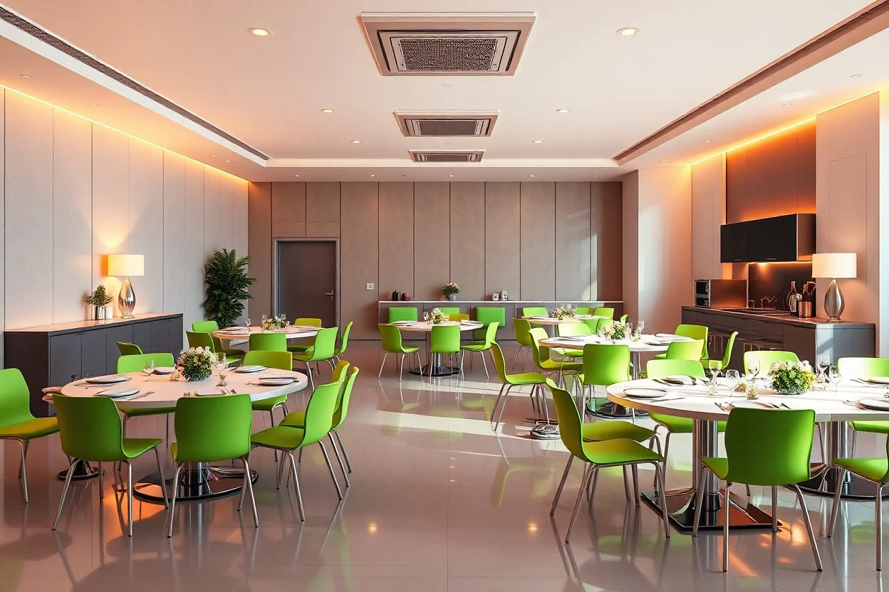 A 3D hyperrealistic image in 4K resolution of a modern party and birthday room approximately 100 square meters in size, with elegantly arranged tables, vibrant green chairs, and an abundance of warm soft light casting a celebratory ambiance, featuring a sleek kitchenette with stainless steel appliances and polished countertops, where guests can gather and mingle, surrounded by the warm glow of tabletop lamps and the subtle sheen of glossy flooring, with every detail meticulously rendered to crea