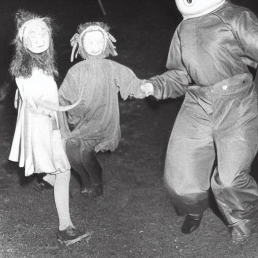 Creepy old photo of rainbow zippy monster chasing children at new year