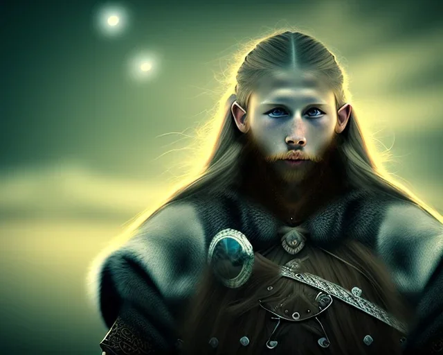 a sad and lonely viking looking up at the stars at night, hyper realistic, 8k, insane detail, atmospheric background, crying eyes, big fur coat, long braided hair, sharp focus, soft background, dynamic lighting, viking helmet, night time